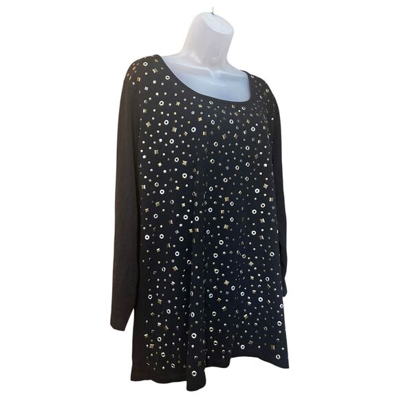 DG by Diane Gilman Black Studded Scoop Neck Top Sz 1X Long Sleeves Mixed Metals - Picture 3 of 10